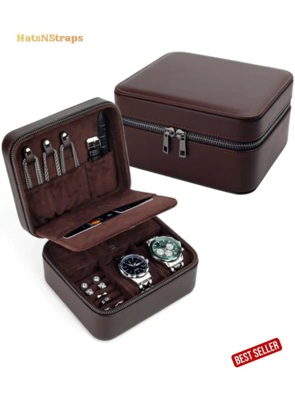 2-Slot Large Travel Watch Case for Men - PU Leather Watch Box with Suede